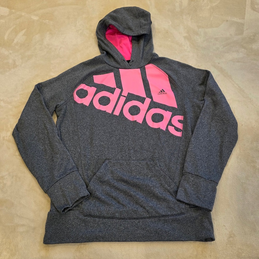 Adidas The Go-To Hoodie Womens Large Gray Heather Pink Spellout Pullover Fleece
